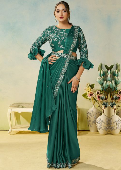 Green Pre-Stitched Chiffon Saree With Sequins Blouse