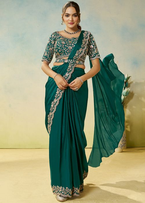 Teal Blue Pre-Stitched Saree With Embroidered Blouse