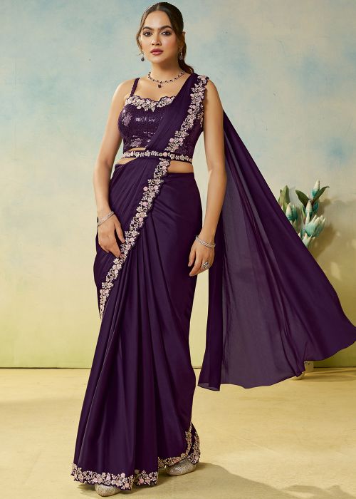 Purple Pre-Stitched Saree With Applique Floral Embroidery