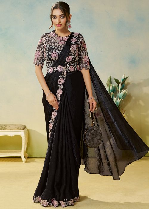 Black Pre-Stitched Satin Saree With Sequins Embroidery