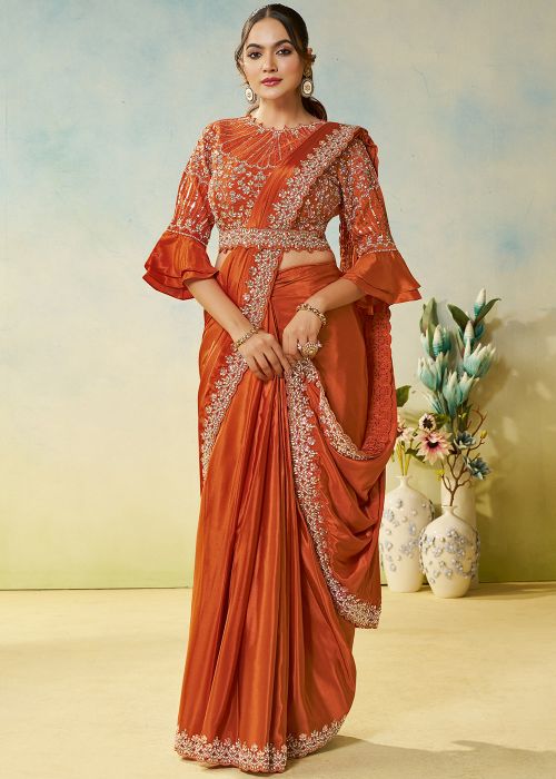 Orange Pre-Stitched Satin Saree With Stone Embroidery