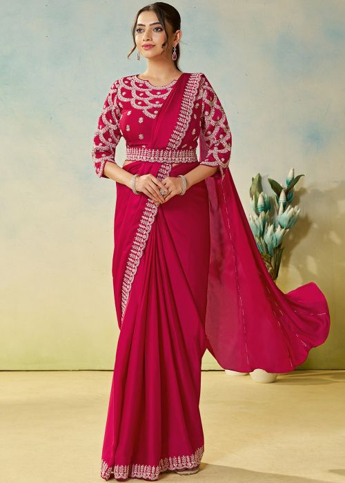Rani Pink Pre-Stitched Satin Saree With Handwork