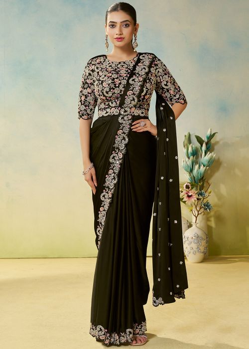 Green Pre-Stitched Satin Saree With Dori Work
