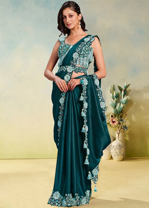 Teal Green Pre-Stitched Saree With Floral Embroidery