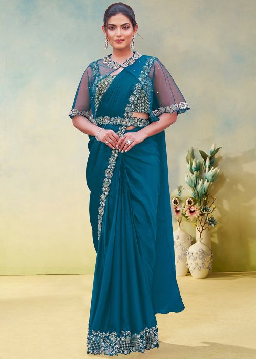 Teal Blue Pre-Stitched Satin Saree With Poncho Blouse
