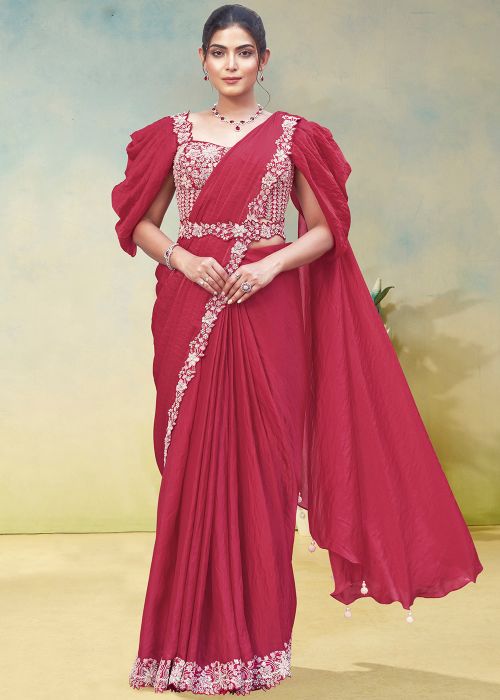 Red Pre-Stitched Satin Saree With Sequins Work