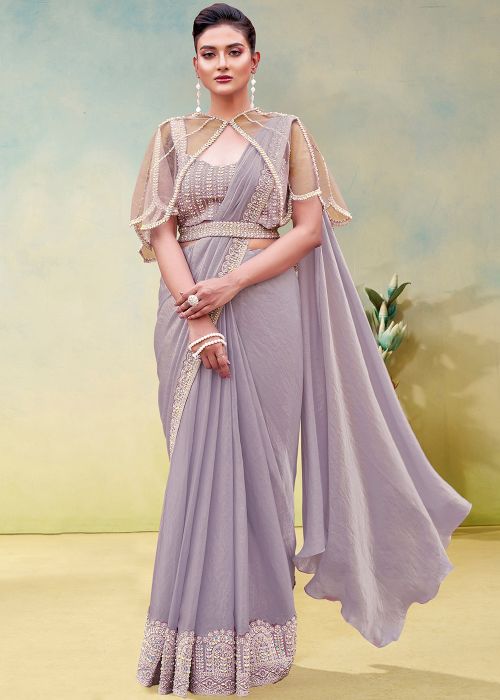 Lavender Pre-Stitched Satin Saree With Pearl Work