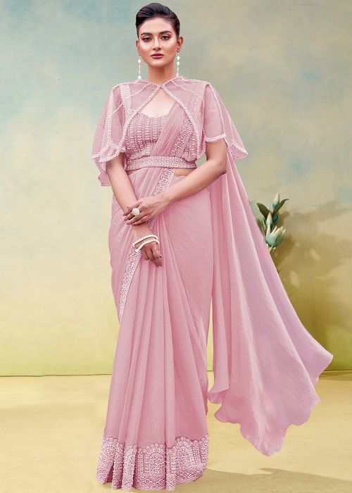Pink Pre-Stitched Satin Saree With Pearl Work
