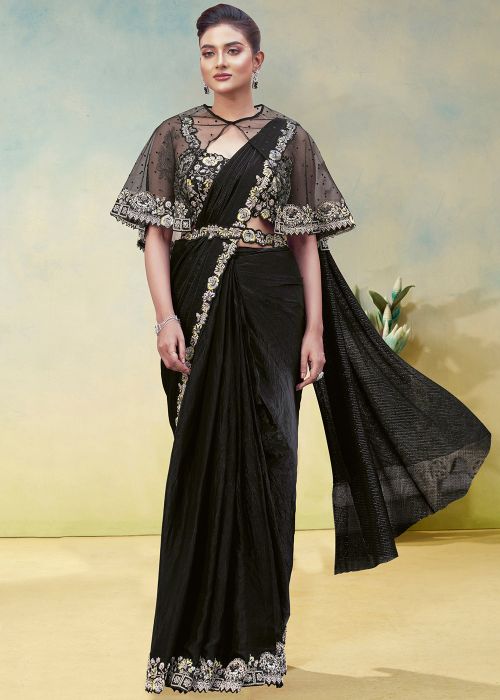 Black Pre-Stitched Satin Saree With Poncho Blouse