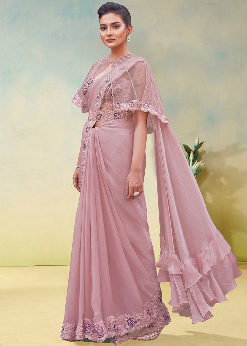 Dusty Pink Pre-Stitched Satin Saree With Handwork