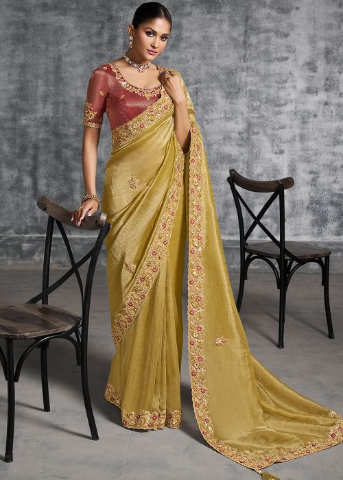 Mustard Yellow Tissue Saree With Maroon Silk Blouse