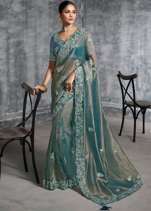 Dual Tone Blue Tissue Saree With Silk Blouse