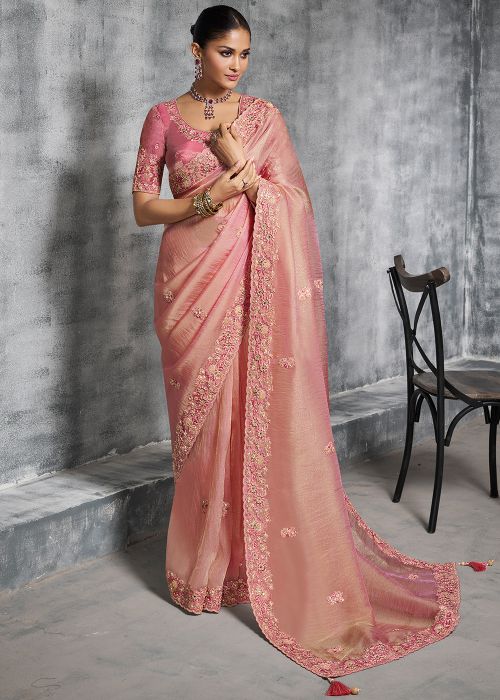 Peach Embellihed Tissue Saree With Pink Silk Blouse