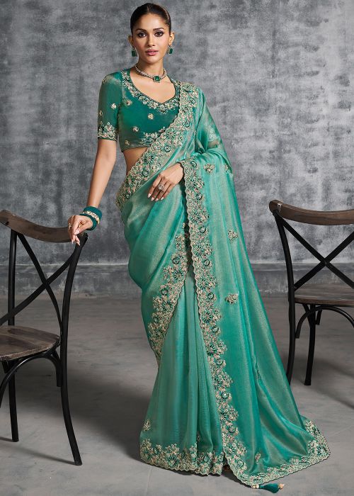 Turquoise Tissue Saree With Embroidered Silk Blouse