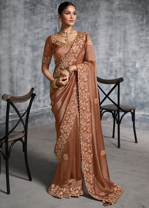 Brown Tissue Saree With Heavy Floral Embroidery