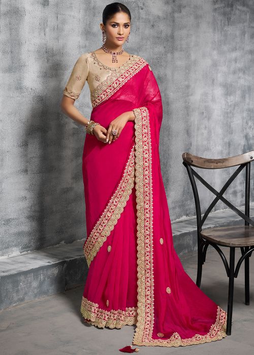 Rani Pink Satin Saree With Golden Embroidery
