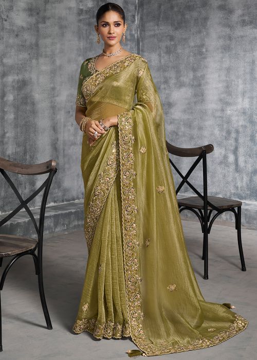 Green Tissue Saree With Embroidered Border