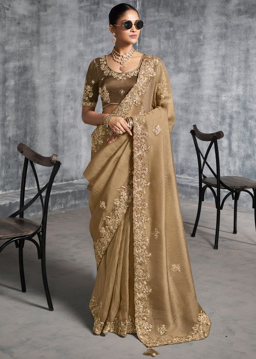 Beige Tissue Saree With Resham Work