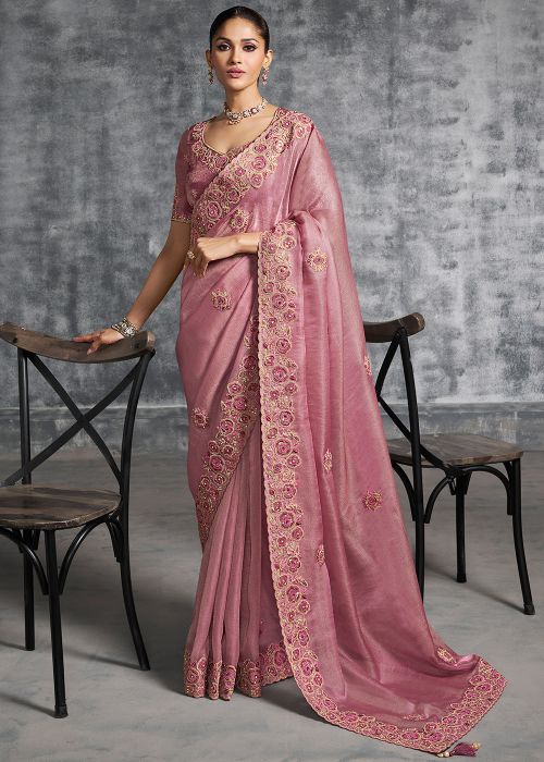 Dusty Rose Pink Tissue Saree With Embellished Blouse