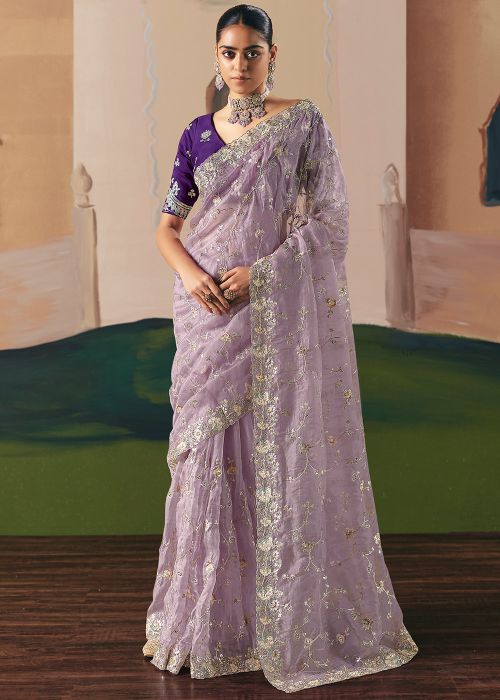 Lavender Tissue Saree With Resham Sequins Work