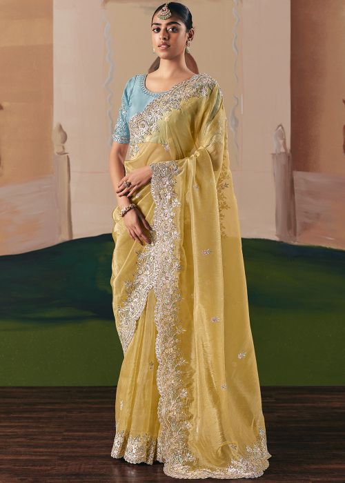 Yellow Tissue Saree With Blue Blouse Embroidery