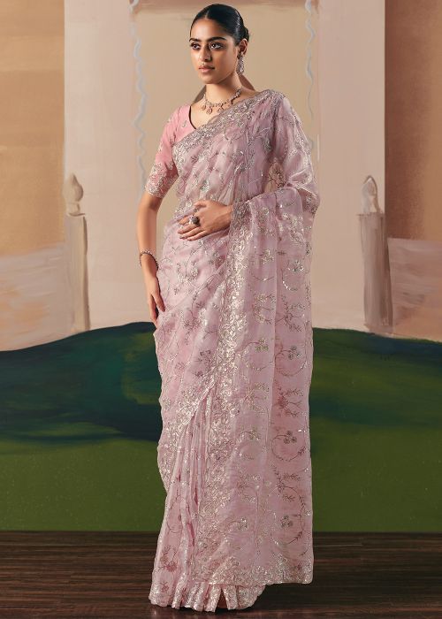 Pink Tissue Saree With Embellished Border
