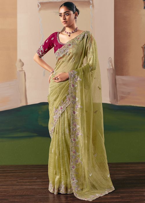 Green Tissue Saree With Maroon Blouse