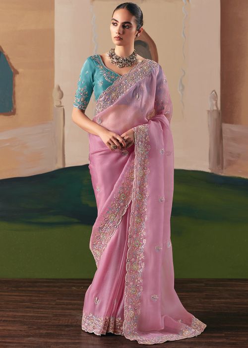 Light Pink Tissue Saree With Embellished Blouse