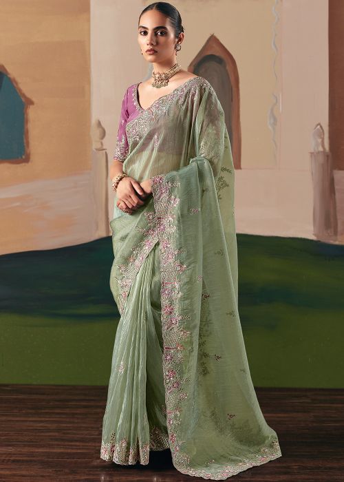 Green Tissue Saree With Lilac Blouse Embroidery