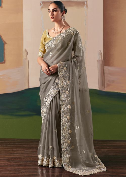 Grey Tissue Saree With Blouse Embroidery