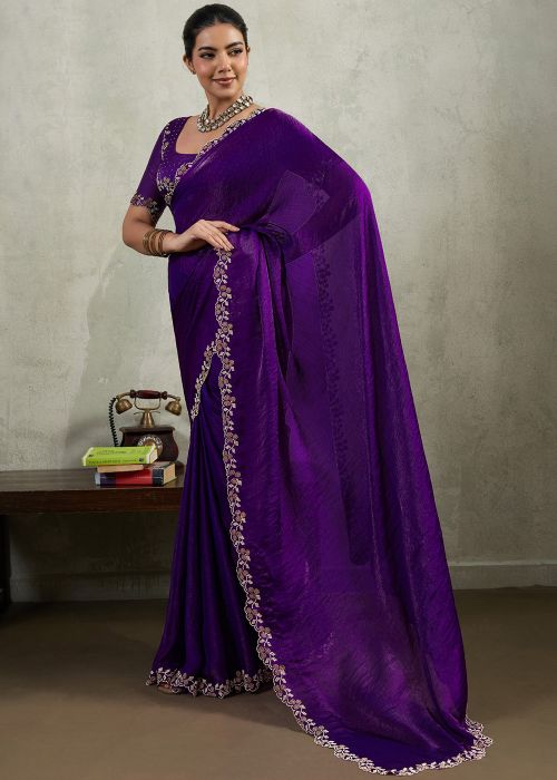 Purple Chiffon Saree With Stone Work