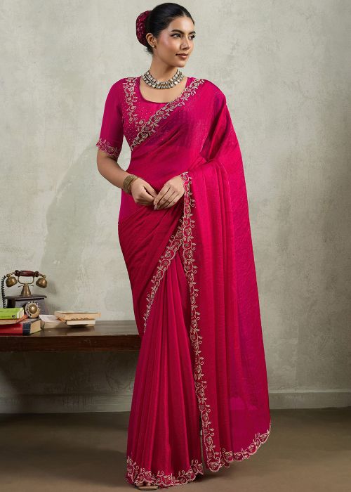 Pink Chiffon Saree With Stone Embroidery
