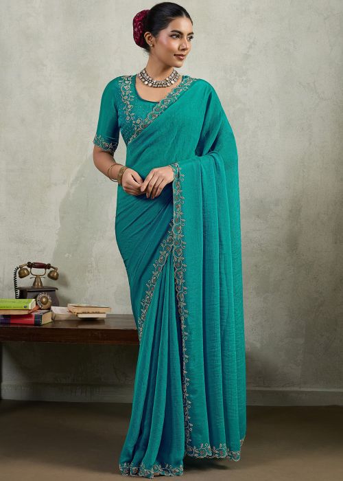 Blue Chiffon Saree With Stone Detailing