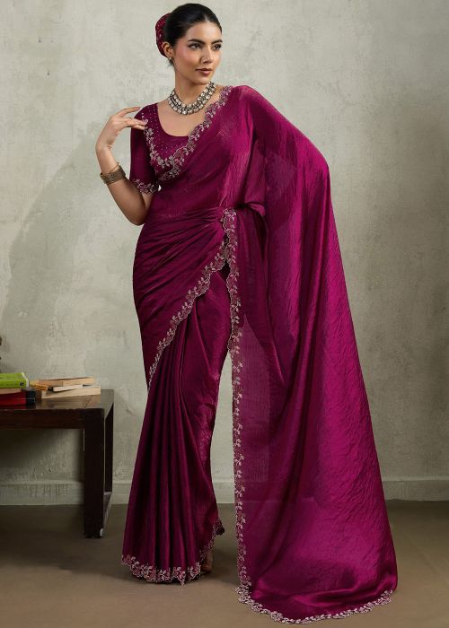 Wine Chiffon Saree With Stone Accents