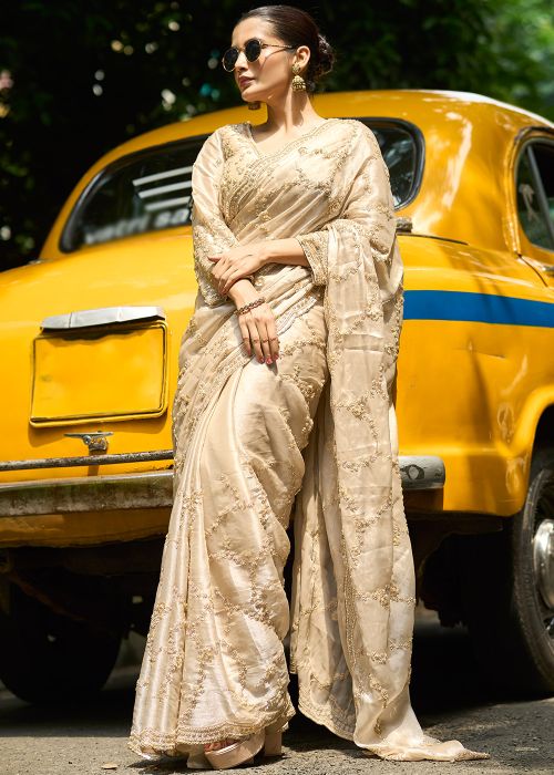 Cream Silk Saree With Cutbeads Embroidery