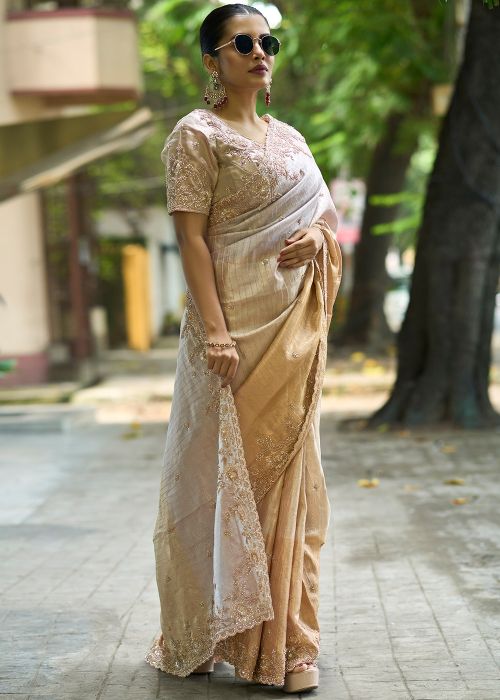 Cream Silk Saree With Cutbead Work