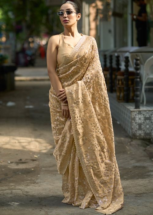 Brown Silk Saree With Embellished Beads Work