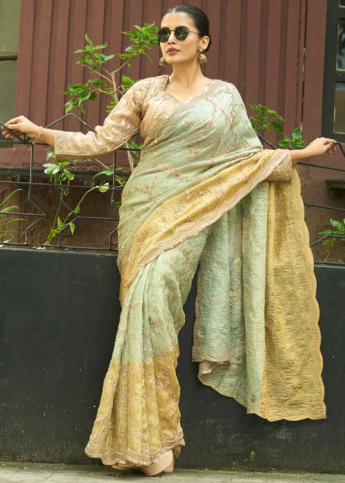 Pastel Green Silk Saree With Sequins Embroidery