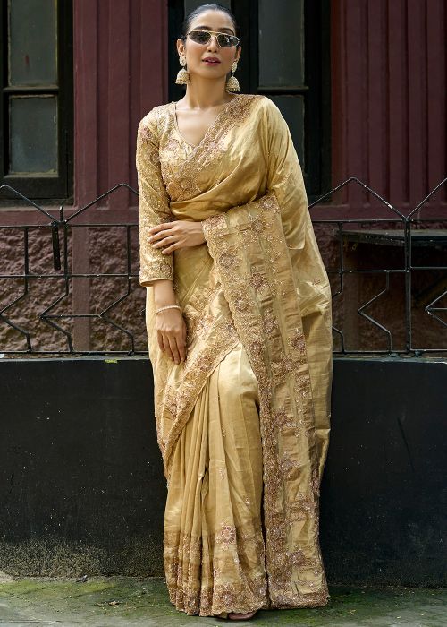 Gold Silk Saree With Zari & Cutbeads Work