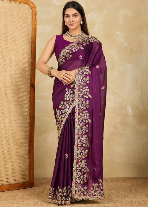 Purple Art Silk Saree With Sequins Detailing