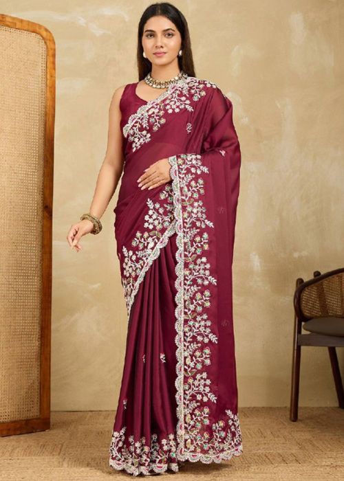Wine Art Silk Saree With Thread Embroidery