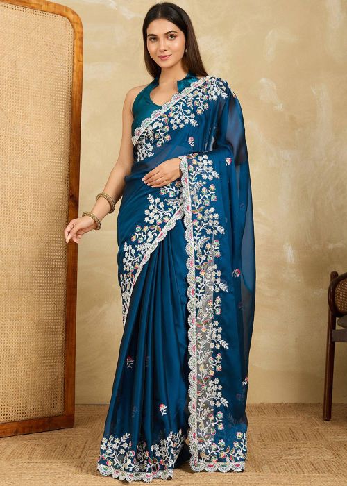 Teal Blue Art Silk Saree With Floral Work