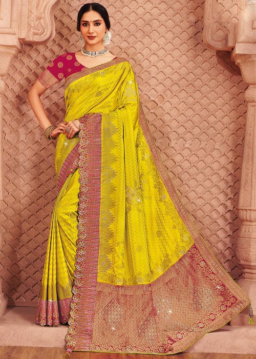 Yellow Silk Saree With Sequins Embellished Border