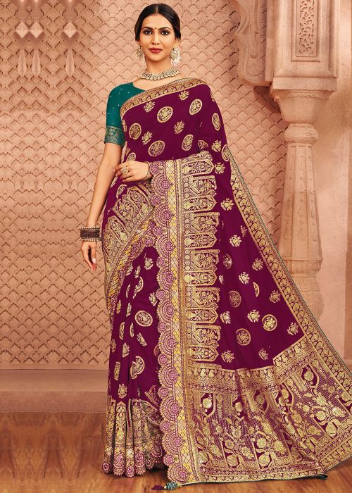 Magenta Silk Saree With Rich Woven Border