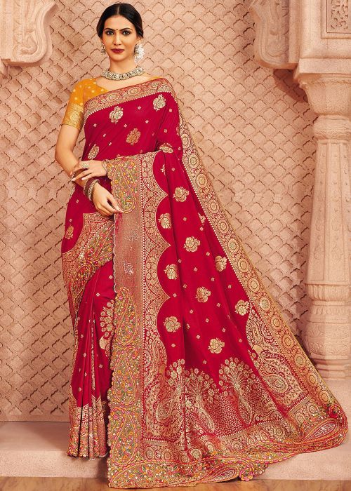 Red Silk Saree With Heavy Sequins Border