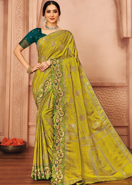 Fluorscent Green Silk Saree With Embroidered Border