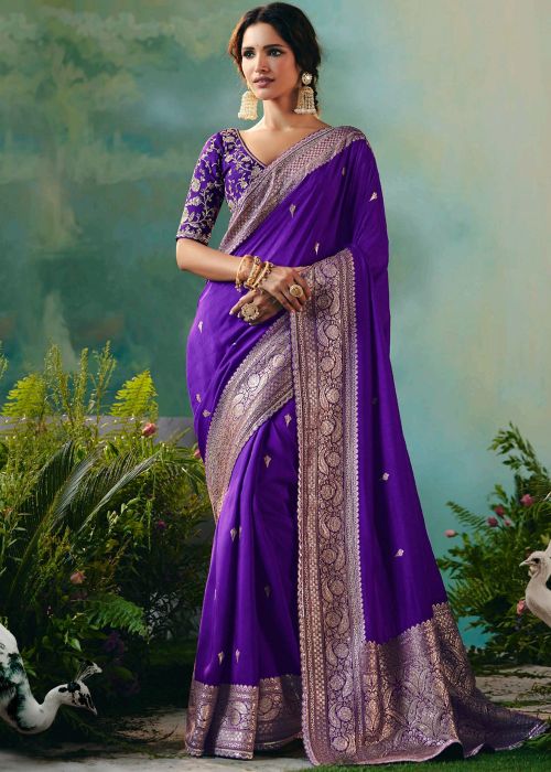 Purple Viscose Saree With Zari Woven Border
