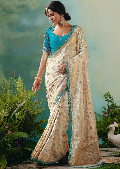 Beige Woven Viscose Saree With Blue Border