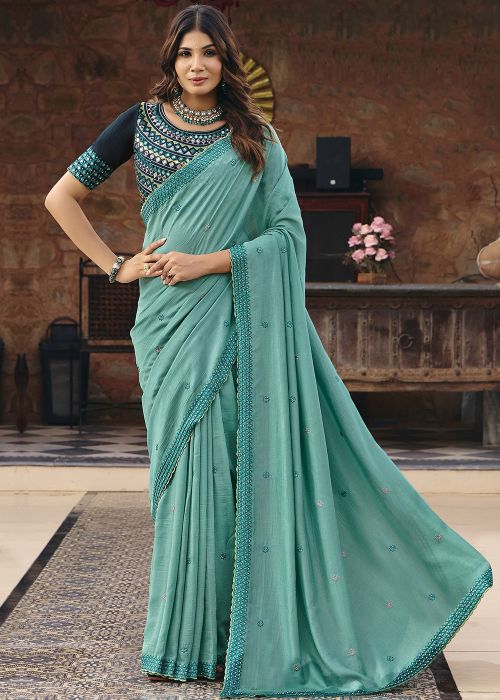 Aqua Blue Art Silk Saree With Thread Border