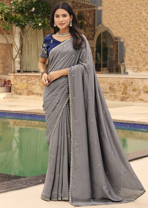 Grey Art Silk Saree With Subtle Sequins Embroidery
